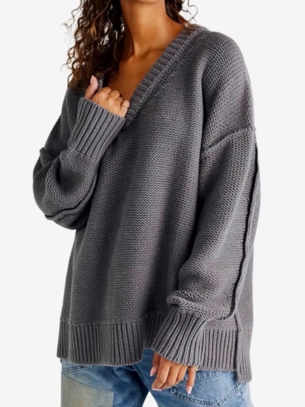 NWT Free People Charcoal Gray V-Neck Chunky Knit Sweater